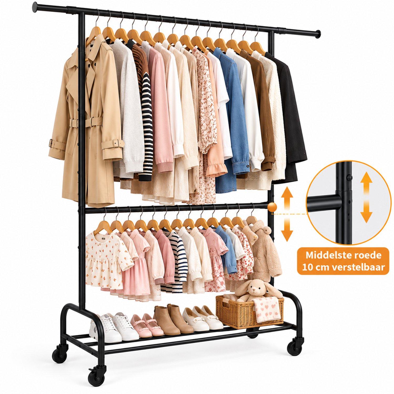 Signature Home Kledingrek op Wieltjes – 200 cm – Kledingrek Metaal – Kledingrek Zwart – Verstelbare Hangstang – Garderoberek met Schoenenrek - Kledingstang – Verrijdbaar Kledingrek – Kledingrek Heavy Duty – Tot 130 kg