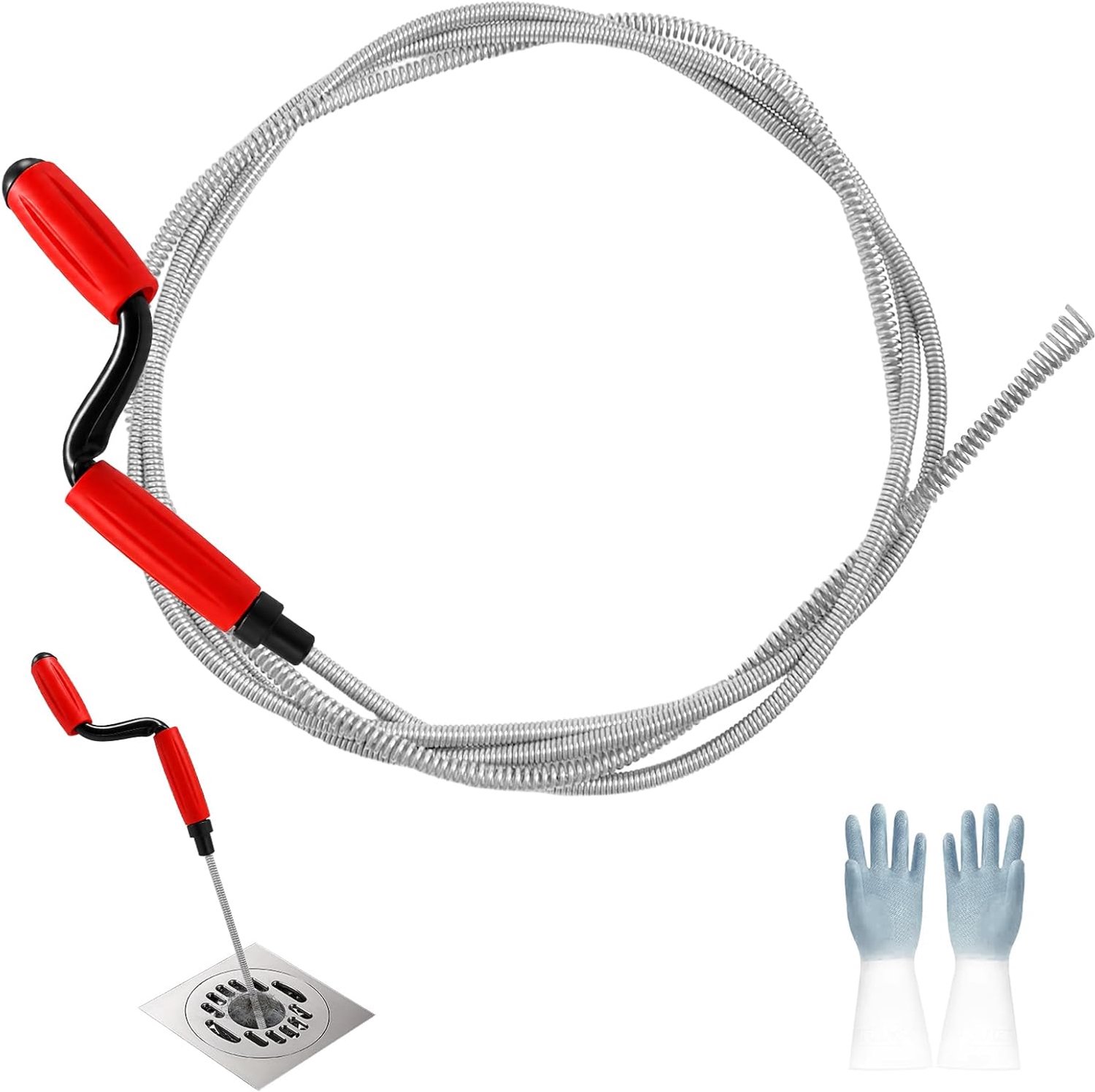 Afvoerreiniger voor buizen, gootsteen met handschoenen, geschikt voor toiletten, badkuipen en wastafel (rood - 3 m) - ShopVlot