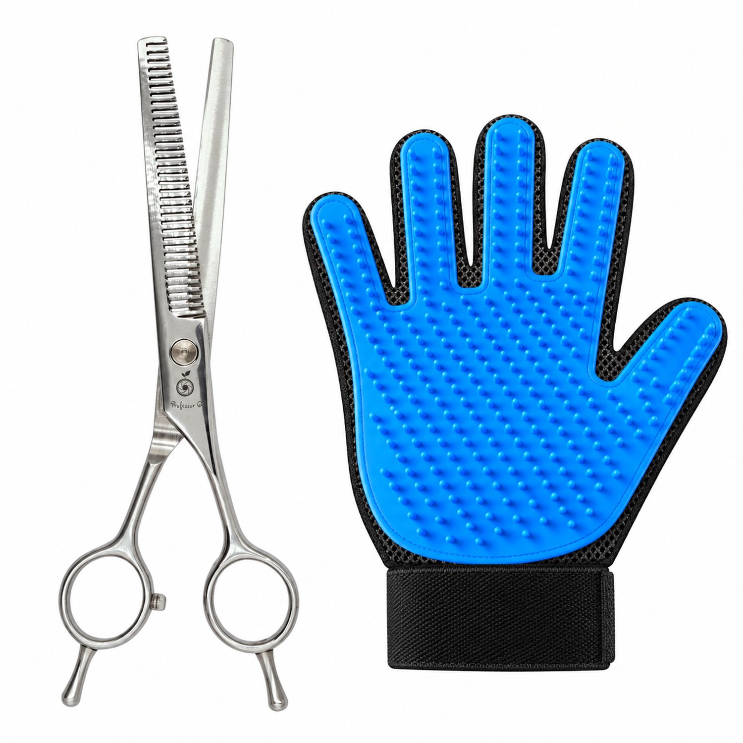 Professor Q Hondentrimset - Effileerschaar Zilver Pro - Vachthandschoen Blauw - 2-delig