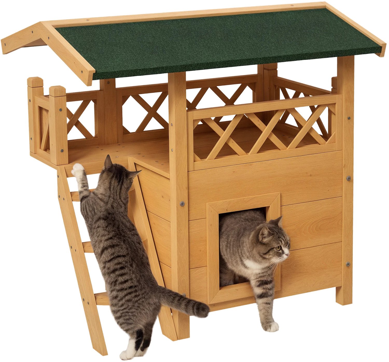 Gudalio Kattenhuis - Voor Buiten - Speelhuis - Hok - 2 Verdiepingen - Met Balkon en Ladder - 77 x 50 x 73 cm - Hout - Bruin - Groen