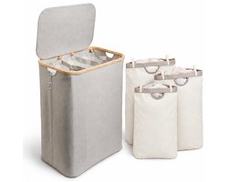 Alles & Co. XXL Wasmand met Deksel - 141 Liter Wassorteerder 3 Vakken - Uitneembare Waszakken - Opvouwbaar - Bamboe & Grijs