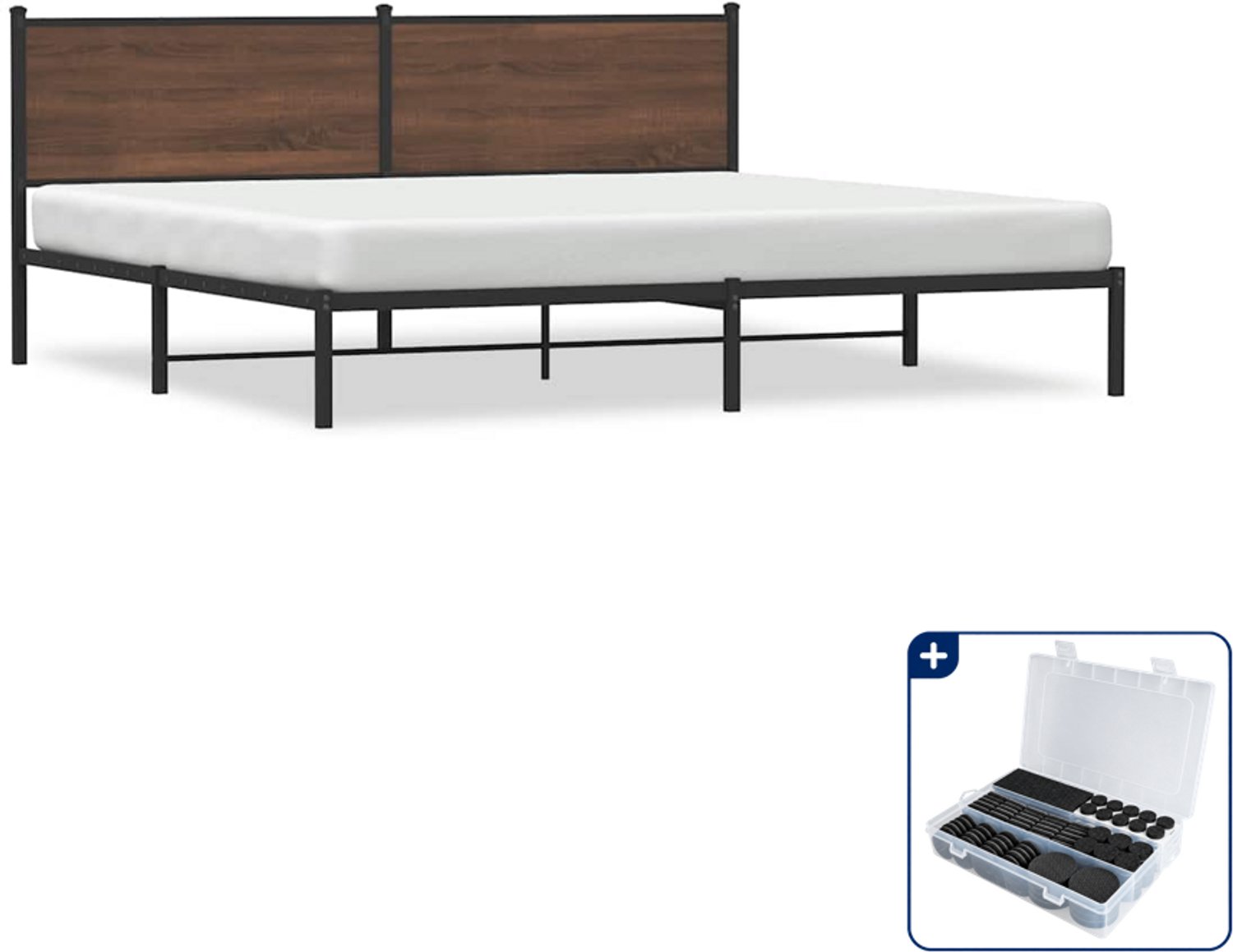 vidaXL bedframe - 193 x 203 cm - staal en bewerkt hout - bruineiken - Inclusief antikrasvilt 177-delig