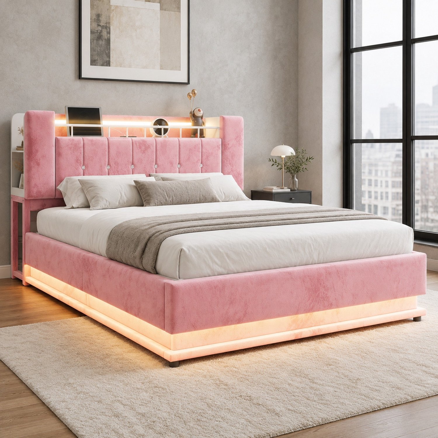 Maisentiel Roze gestoffeerd bed 160 x 200 cm met opbergruimte, LED-verlichting en USB
