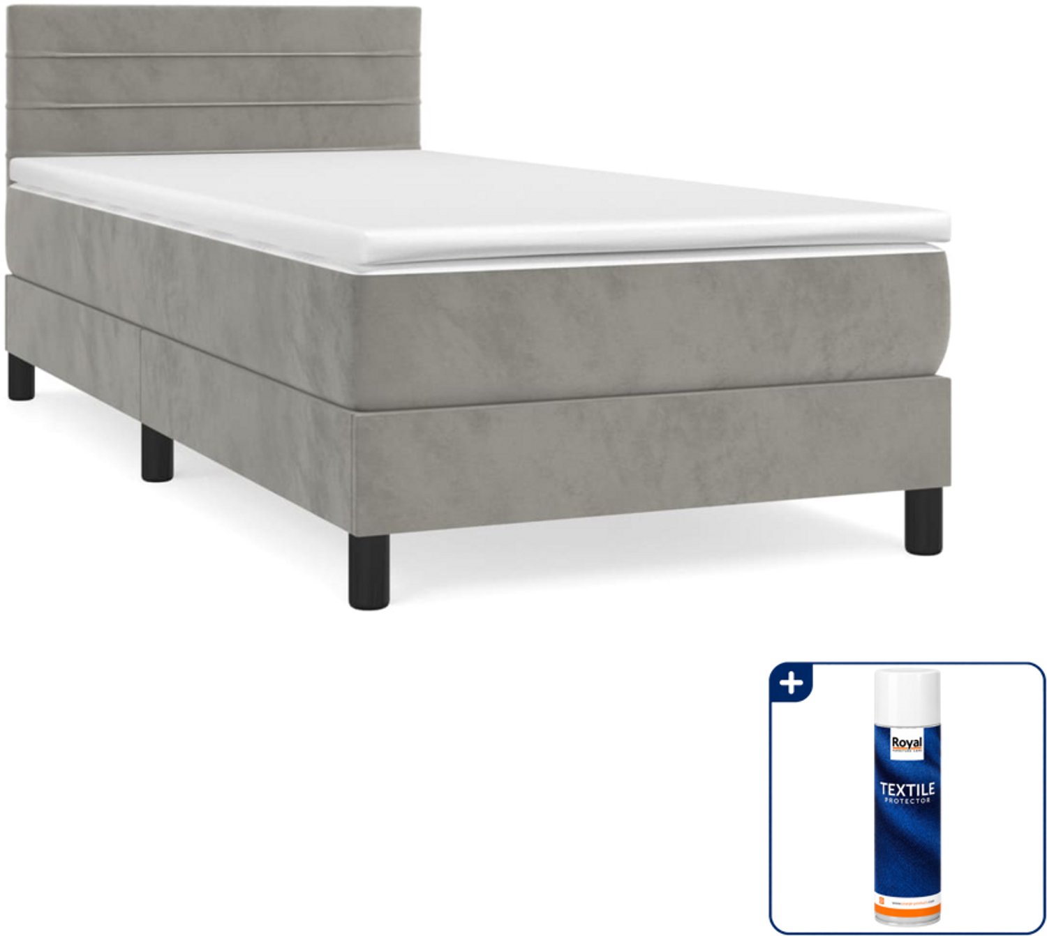 vidaXL boxspring met matras - 90 x 190 cm - fluweel - lichtgrijs - Inclusief textielbeschermer 500 ml
