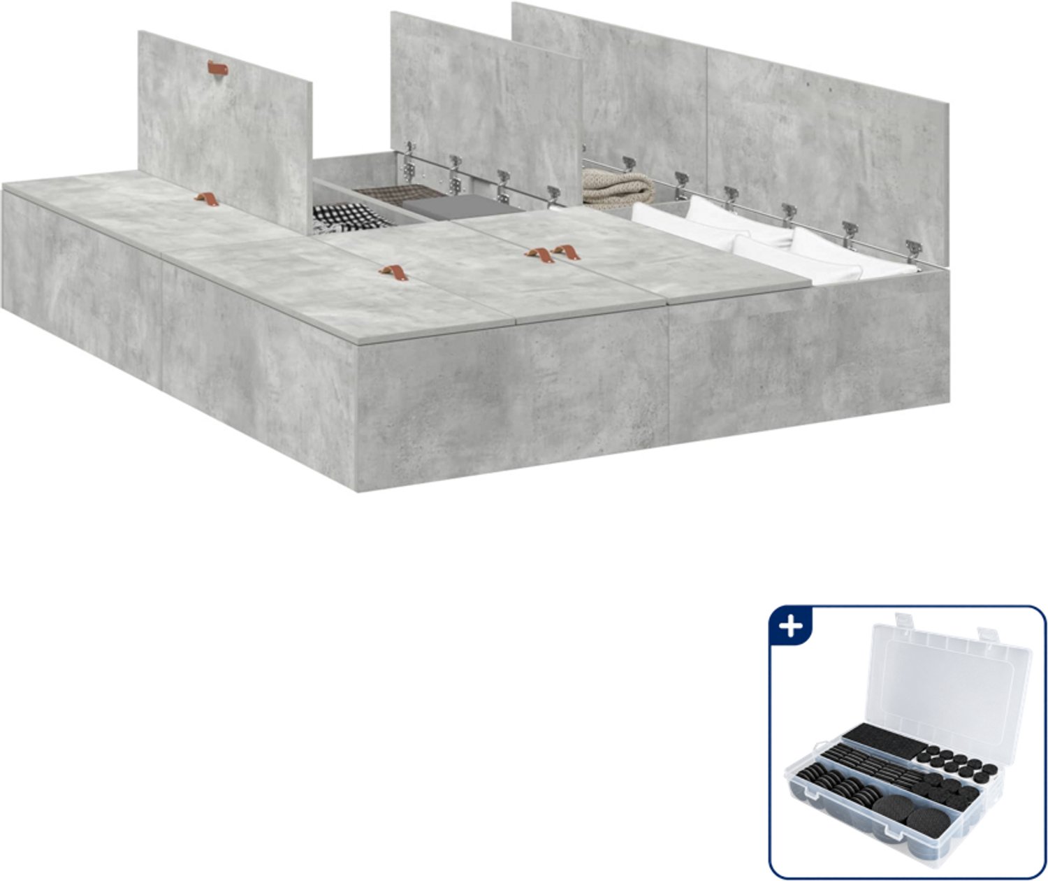 vidaXL opbergbedframe - 150 x 200 cm - beton grijs - Inclusief antikrasvilt 177-delig