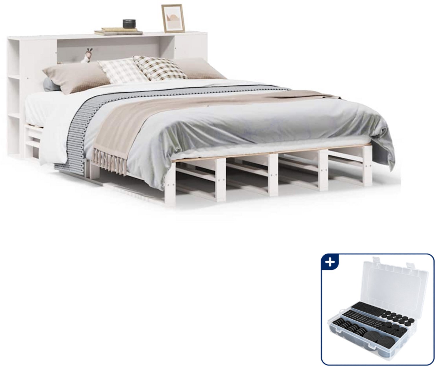 vidaXL bed met boekenkast - Small double 140 x 200 cm - wit - Inclusief antikrasvilt 177-delig Bruin