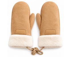 WiseGoods Handschoenen Dames - Wanten met Zachte Voering, Fluffy Boord en Koord - Winter Kleding - Beige - Eén Maat - Cadeau voor Vrouwen - Polyester