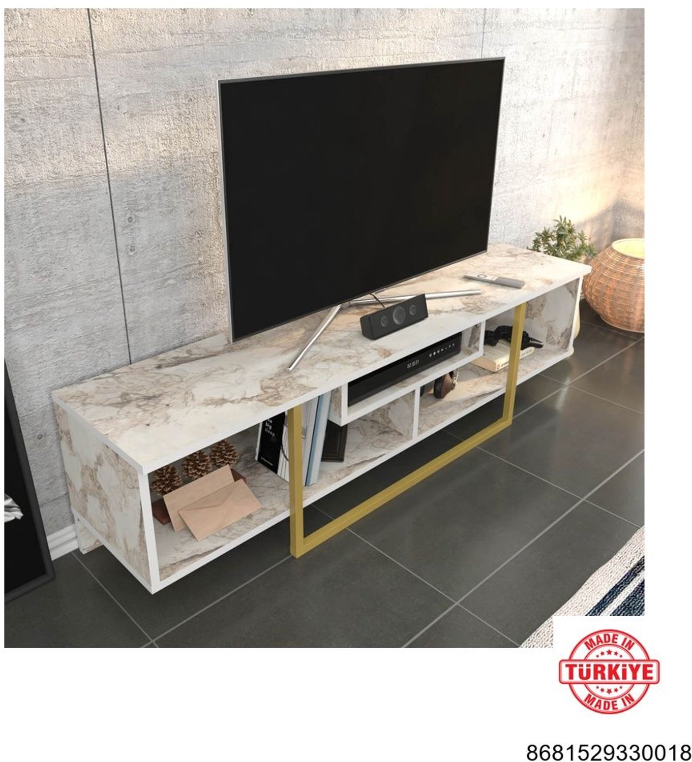 Decorotika TV Meubel Wit Marmerlook en Goud 150 cm – Modern Televisiemeubel met Open Vakken – Luxe TV Kast met Opbergruimte voor Woonkamer