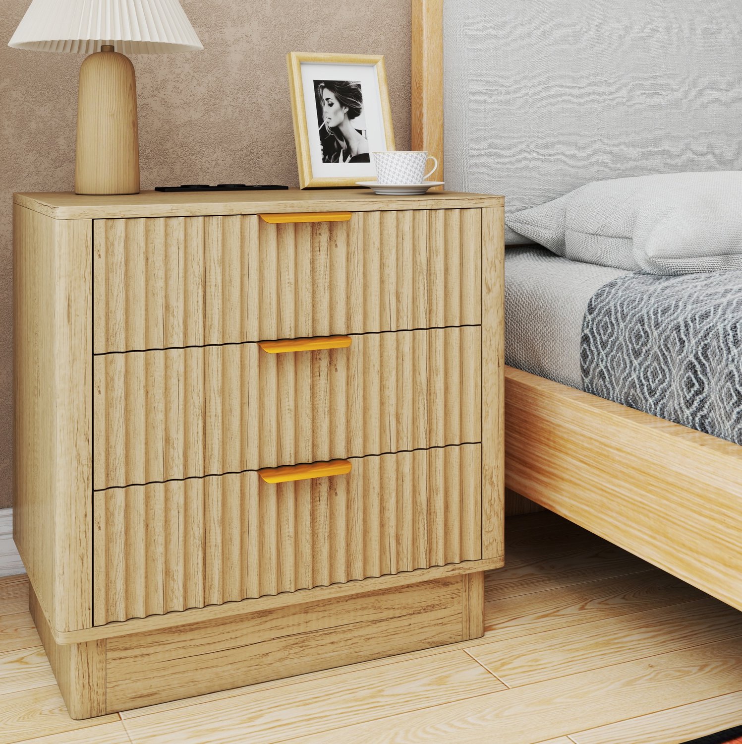 REDOM Nachtkastje 60x40x60 cm - 3 geribbelde lades en stopcontacten - Lichte eikenlook met oranje grepen Lichte eikenlook, oranje