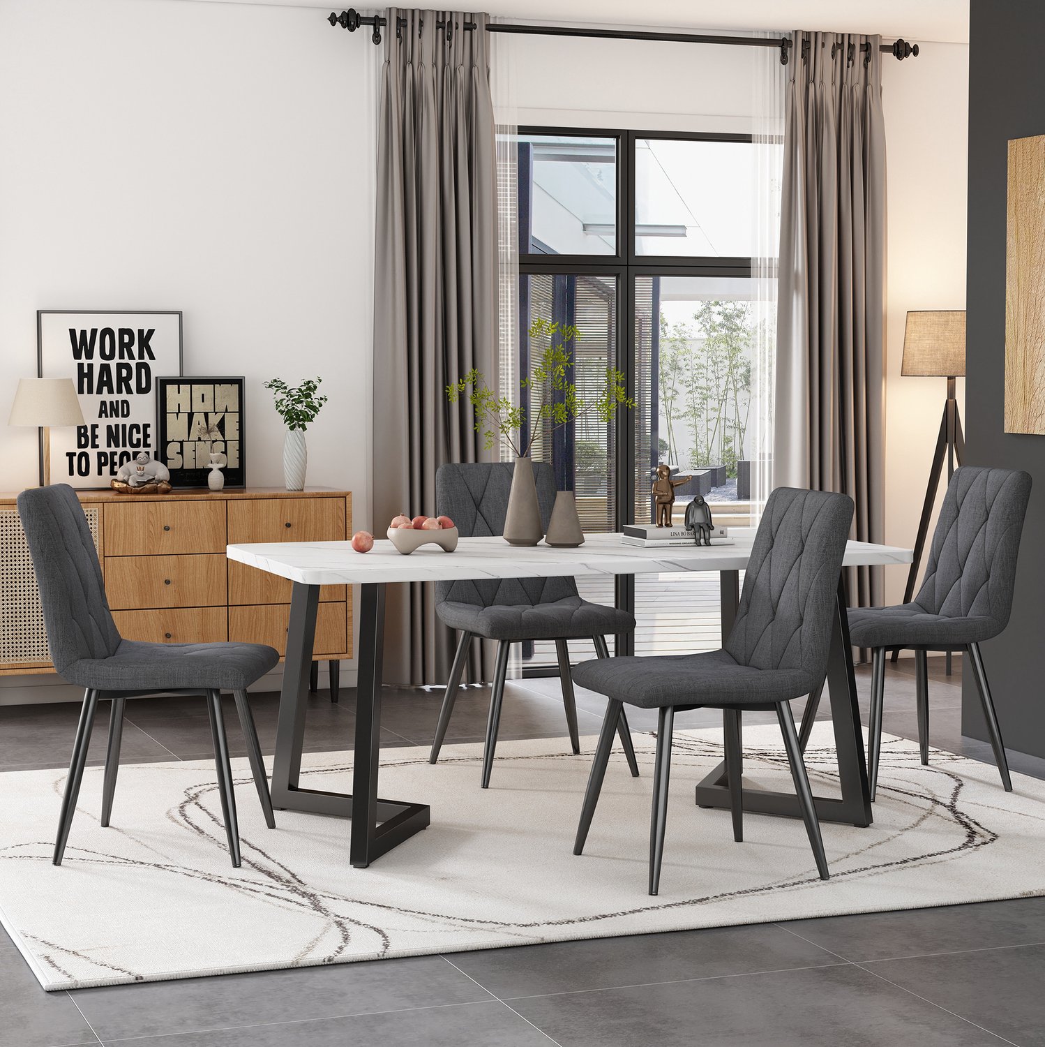 Maisentiel Eetkamerstoelen set van 4 - donkergrijs linnen - visgraatpatroon - metalen poten