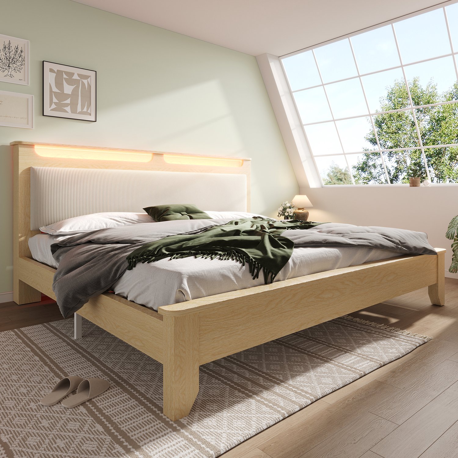 Zubaliya Bedframe - 160 x 200 cm - Beige - ribstof, hout - Hydraulische opbergruimte - LED-verlichting