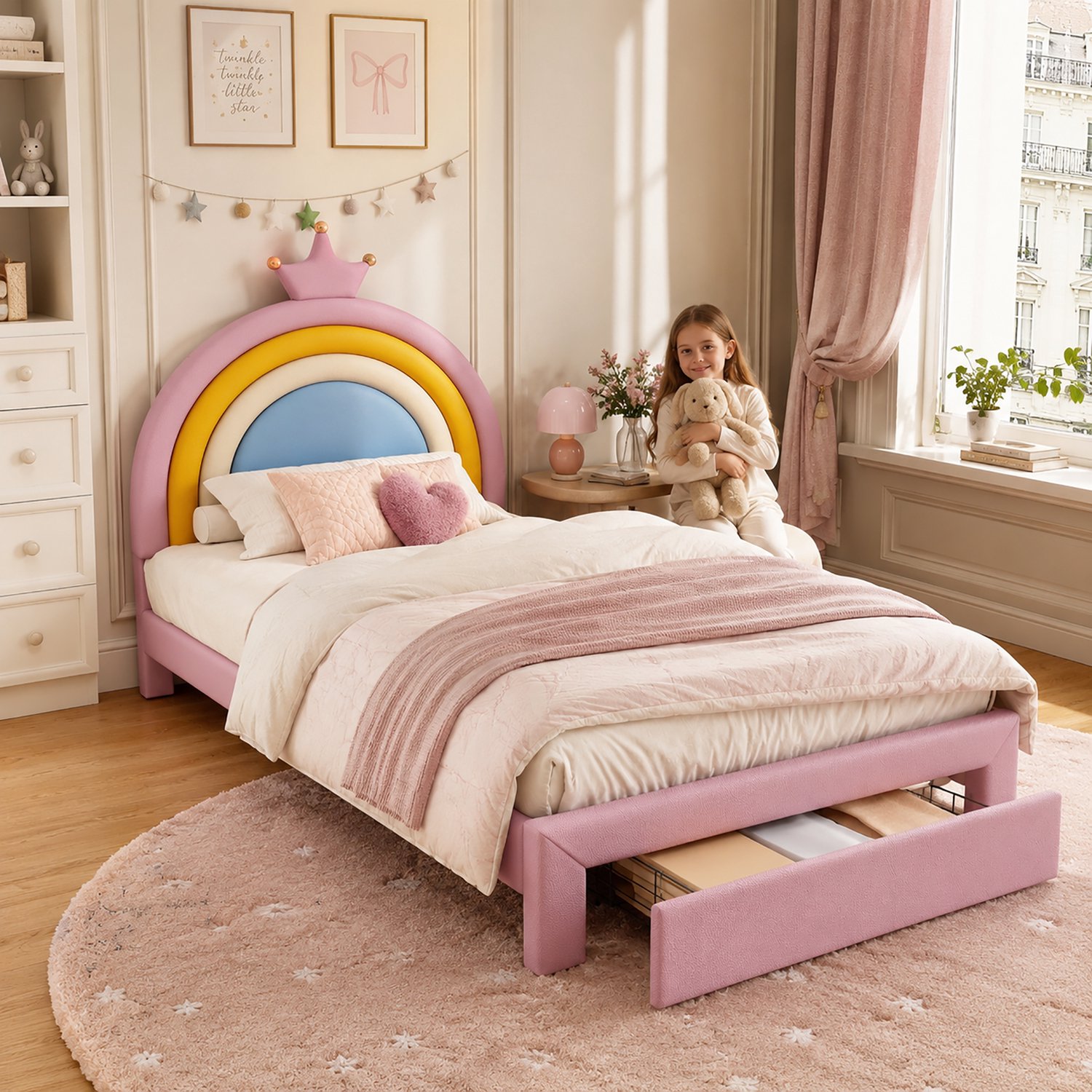 Zubaliya Gestoffeerd bed - 90 x 200 cm - Roze - kunstleer - Lades