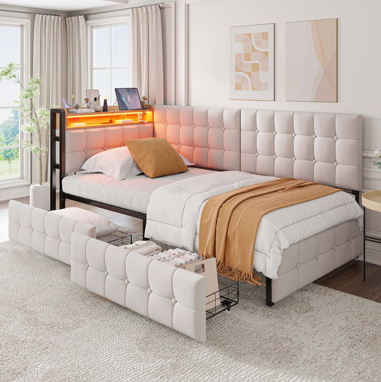 Maisentiel Gestoffeerde slaapbank 90 x 200 cm met 2 lades, ledverlichting en USB - beige