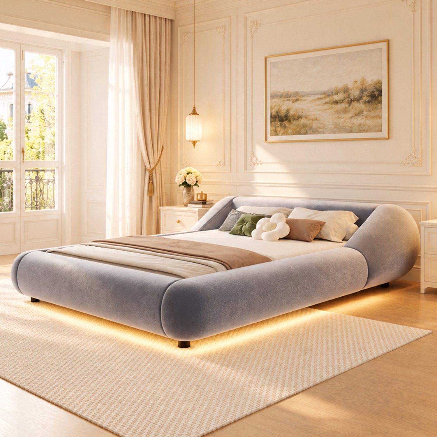 MODFU Gestoffeerd Bed - Omhullend Hoofdbord - LED-Verlichting - Fluweel - Grijs - 140 X 200 Cm