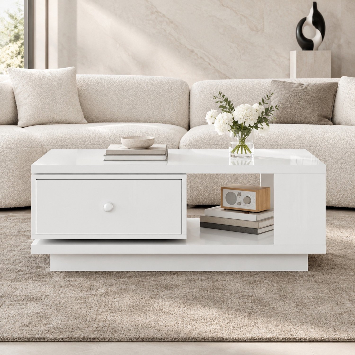 MODENUIT Salontafel - Draaibare Lade en Open Vak - Woonkamer - MDF en Spaanplaat - Hoogglans Wit - 90x48x35 cm