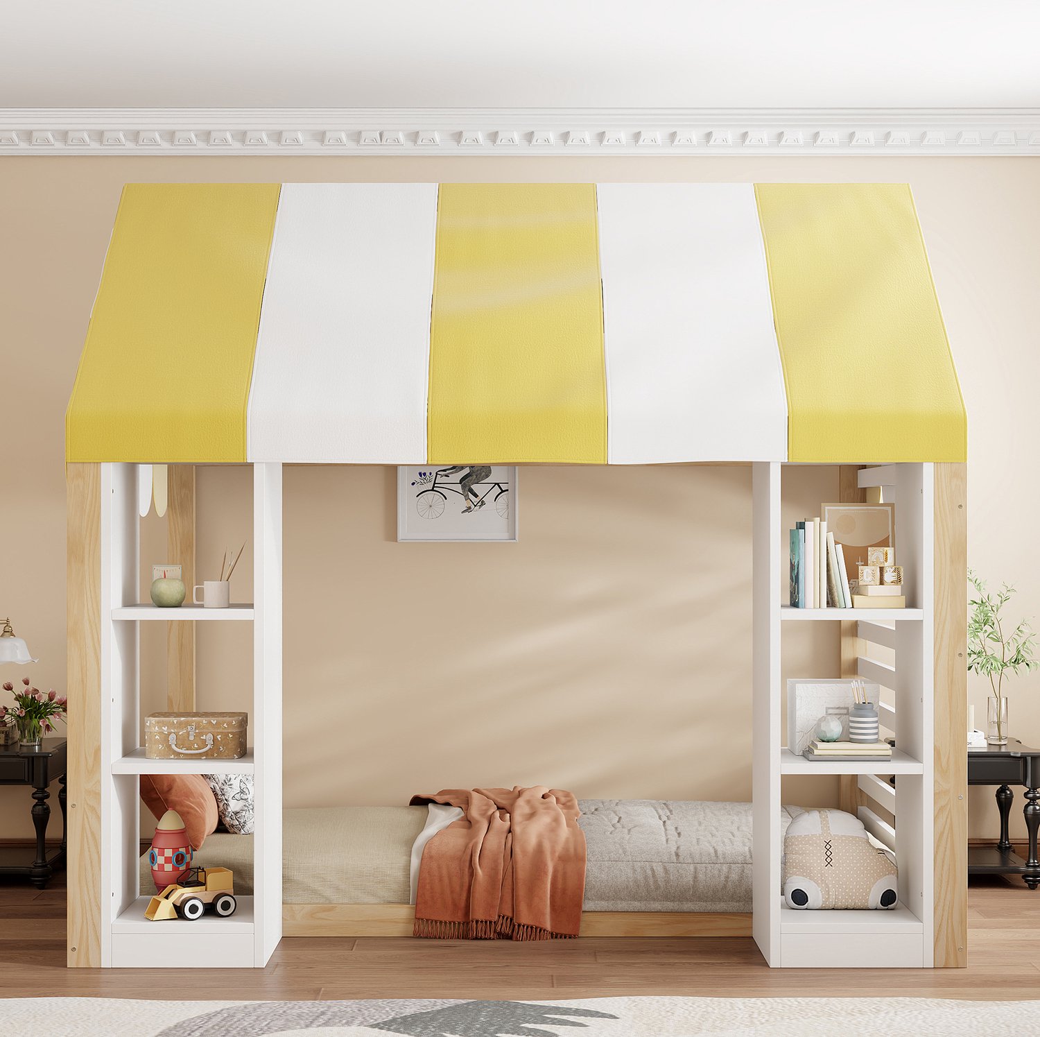Maisentiel Kinderhoogslaper 90 x 200 cm met overkapping en opbergruimte - wit en naturel