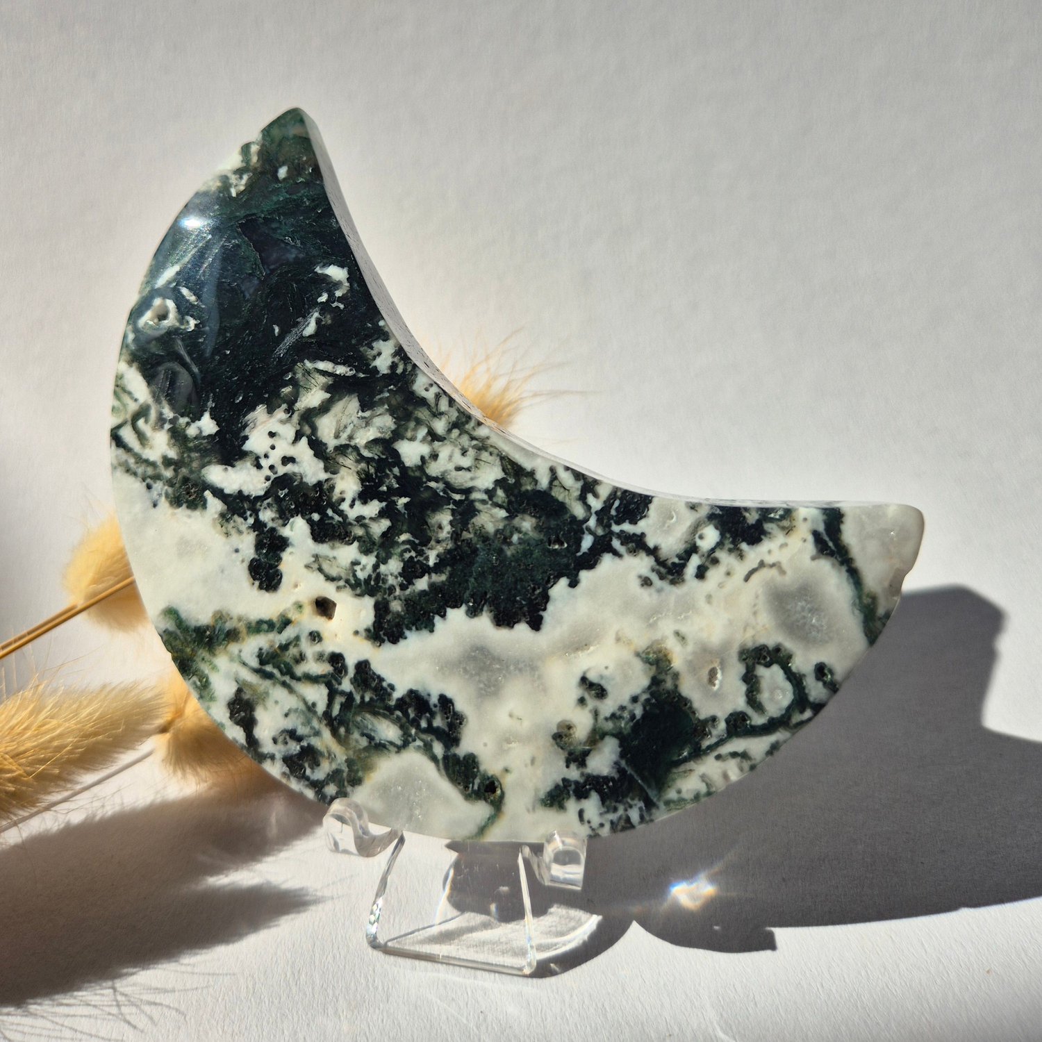 Moonlight Gemstones Edelsteen Mosagaat Maan op Standaard (Druzy & Patronen) Agaat - #307 10-12cm Meerkleurig