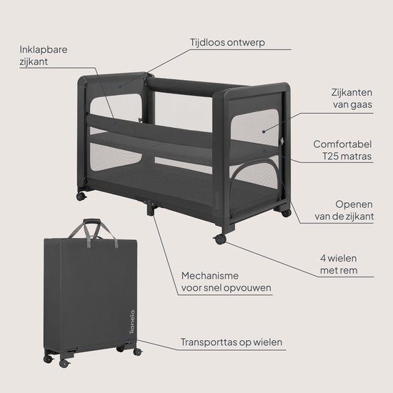 Lionelo Patty - 5-in-1 Baby bed & Co Sleeper - Reisbed, Box & Kinderbed - Campingbedje - T25-Matras - 2 Hoogtes - Wielen - Mesh - Transporttas van Merkloos — afbeelding 5
