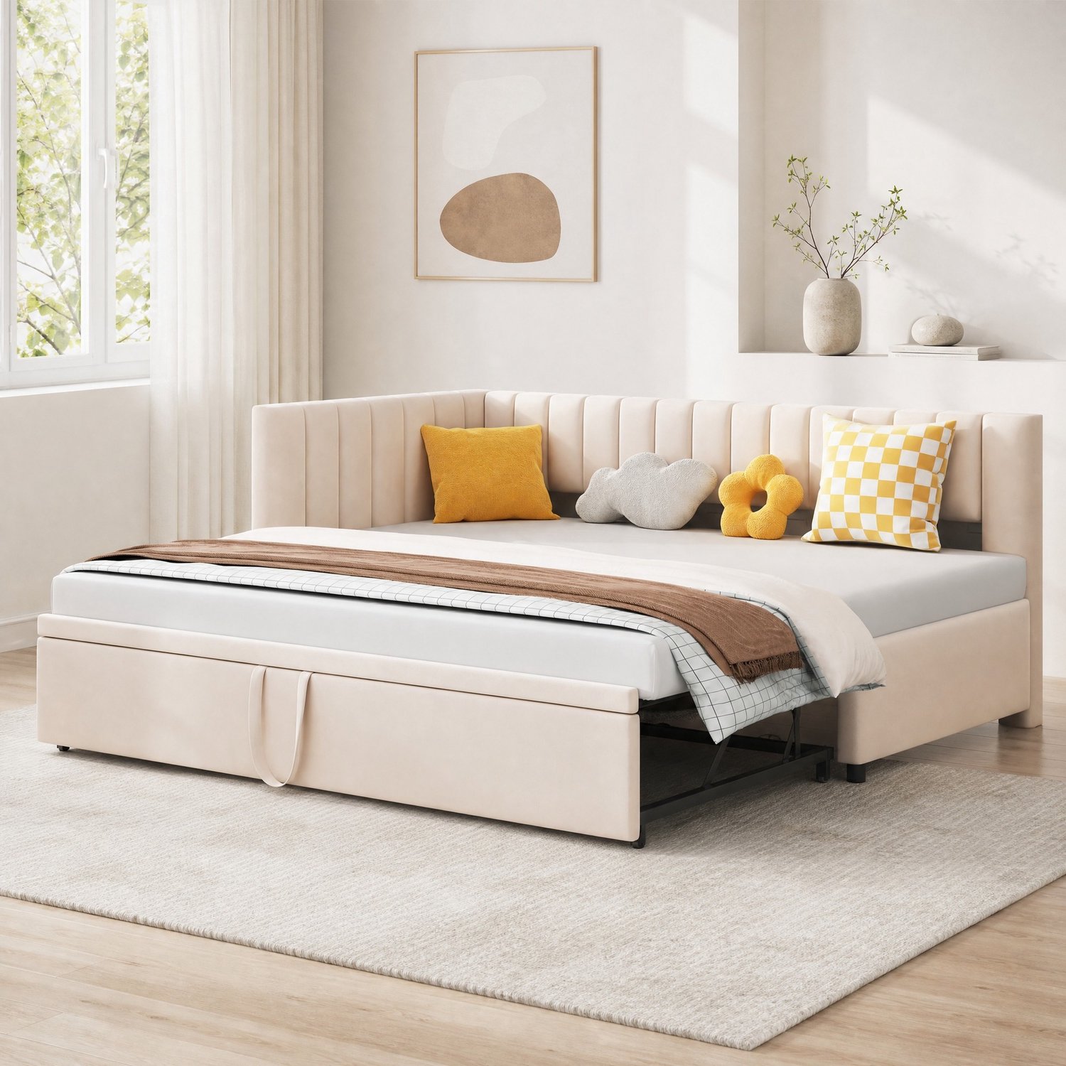 Maisentiel Beige gestoffeerde slaapbank met uitschuifbed – 90 x 200 cm – fluwelen bekleding