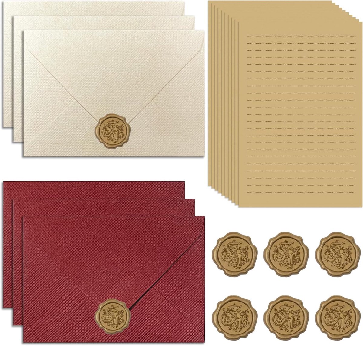 Schrijfpapier en Enveloppen Set - 6 Vintage Enveloppen met Boomstructuur (Rood/Ivory) - ShopVlot