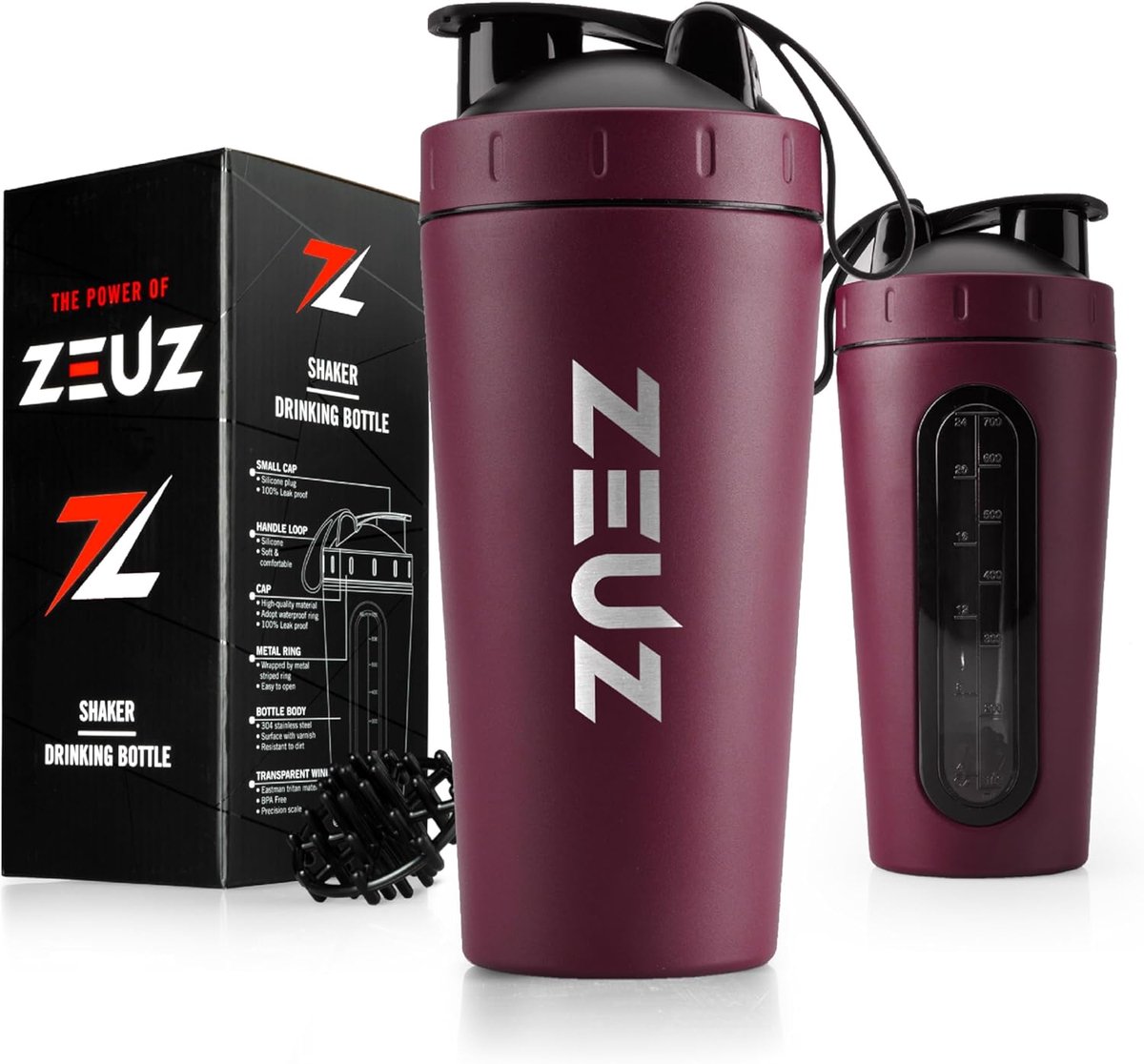 SnelShoppen - Premium RVS Shake Cup - Protein Shaker 700ml - BPA Vrij - Bordeaux Rood - Perfecte Mix voor Sport & Fitness