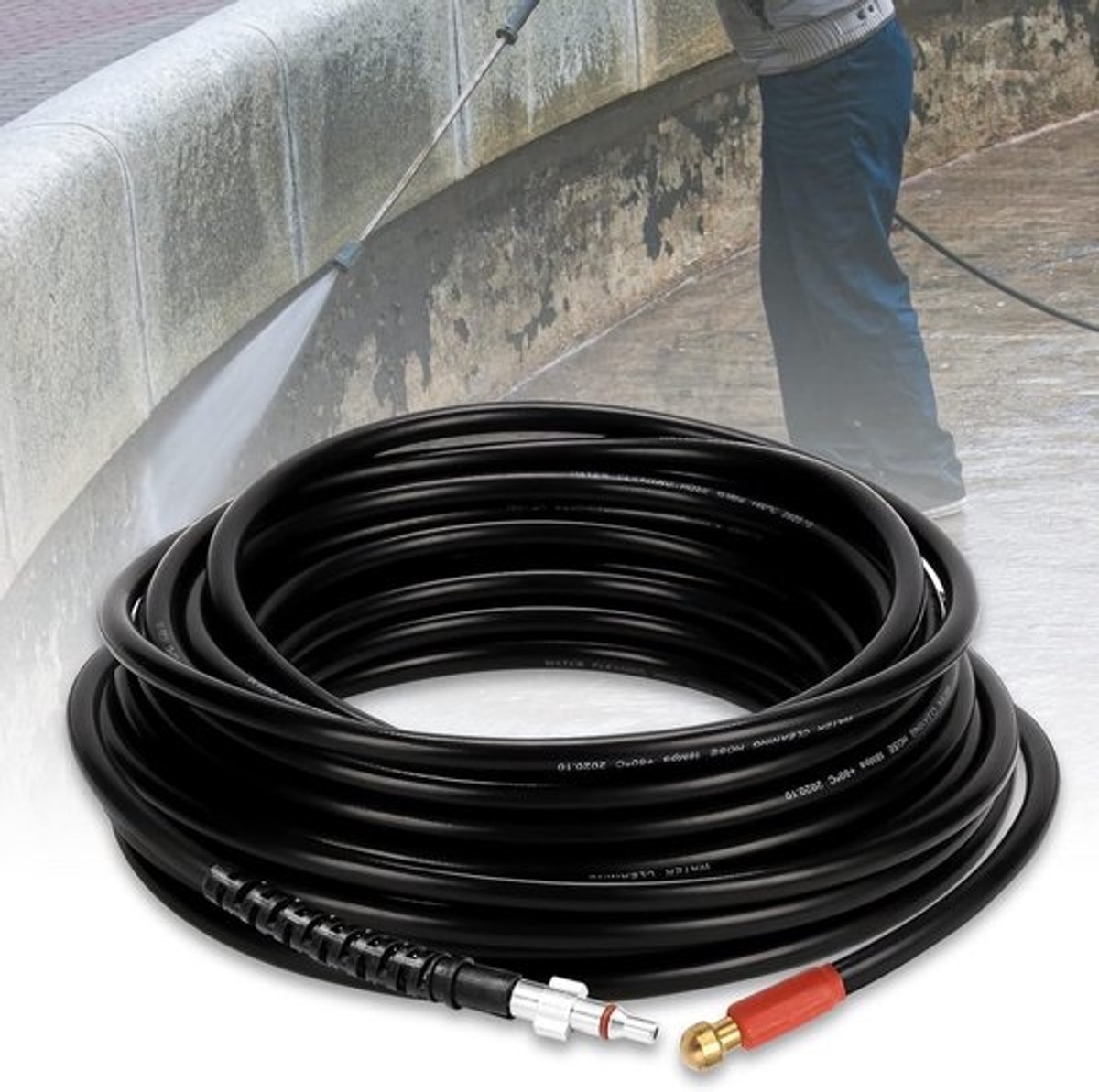 Hogedrukbuisreinigingsslang 10 meter - 180 bar, tot 60 °C - met sproeiers en adapter