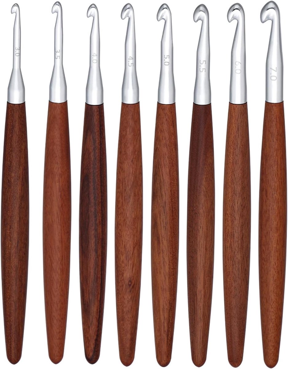 VELAJA Aluminium haakset, 8 breinaken 3,0-7,0 mm met ergonomische houten handgreep, voor poppenhaken, dekens, hoeden - ShopVlot