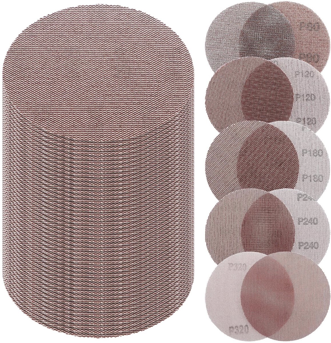 50 Stuks Schuurpapier 125 mm, Net Schuurdiscs voor Hout, Metaal & Droge Constructie, Ronde Schuurpapier Korrel 80/120/180/240/320 voor Excenterschuurmachines en Schuurwerkzaamheden