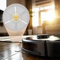 Een robotstofzuiger op een houten vloer met een uitvergrote weergave van de zijborstel.