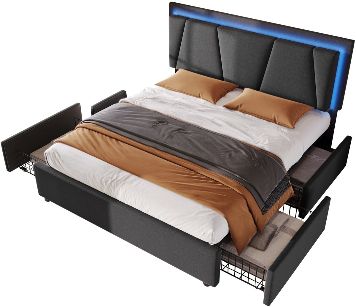 Merax Tweepersoonsbed 140x200 cm inclusief 7-Zone Koudschuim Matras met LED-Verlichting - Luxe Gestoffeerd Bed met Verstelbaar Hoofdbord en 4 Lades - Grijs