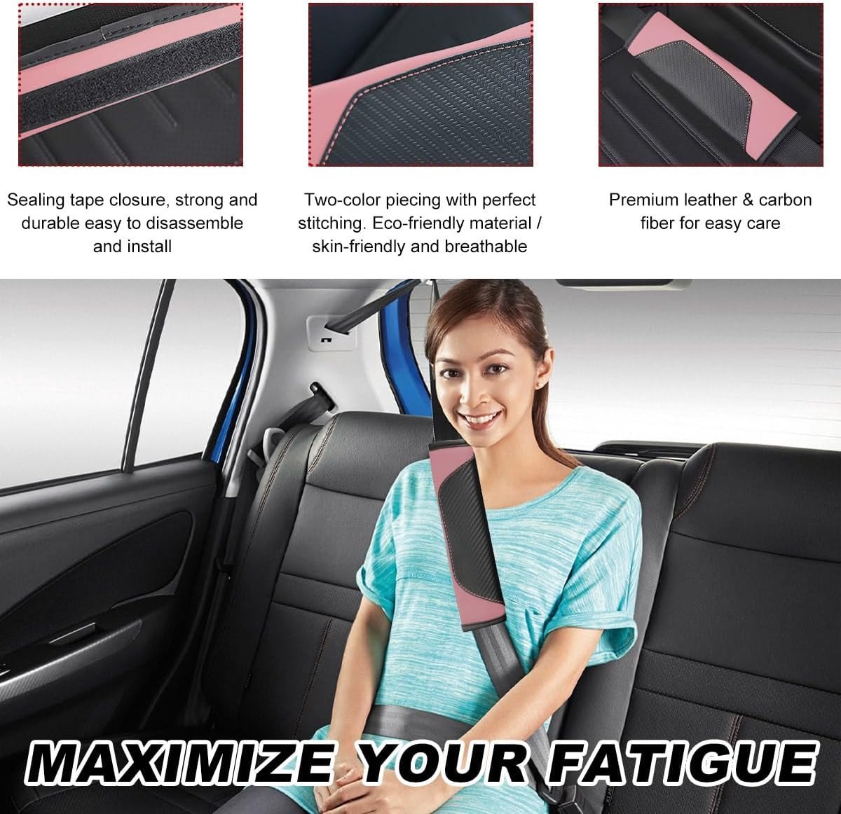 2 Stuks Autogordel Beschermers van Carbon Fiber Leer, Comfortabele Kussens voor Nek en Schouder, Universele Auto Accessoires in Zwart en Roze