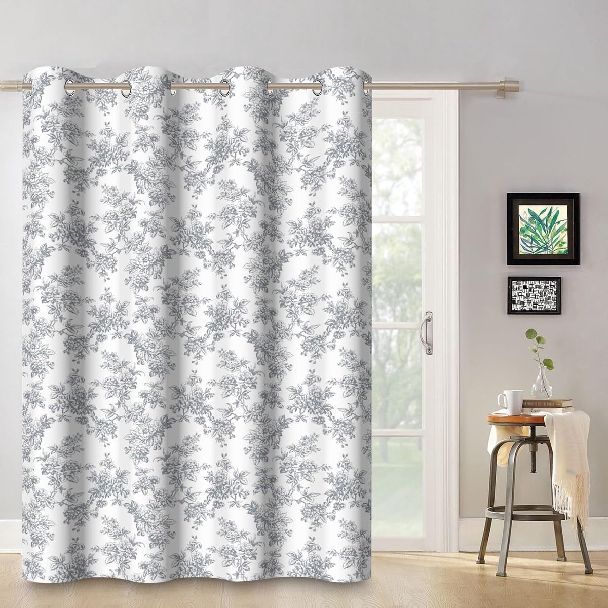 135 x 175 cm gordijn met inslagringen, vintage, bloemen, grijs, bloem, country-stijl, cottage, shabby chic, patroon - ShopVlot