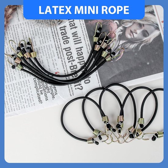 Pack of 10 Elastic Bungee Cords with Hooks, Adjustable 24 cm, Mini Sandow Tarpaulin, Rubber Tarpaulin, Robust Tension - ShopVlot — afbeelding 4