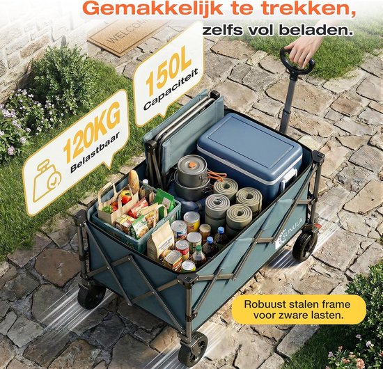 SnelShoppen - Opvouwbare Bolderkar tot 120 kg, Inklapbare Handwagen met Eén-Klik-Handgreep, 150L Groen, Off-Road Wielen met Rem, Ideaal voor Camping, van Snelshoppen — afbeelding 3