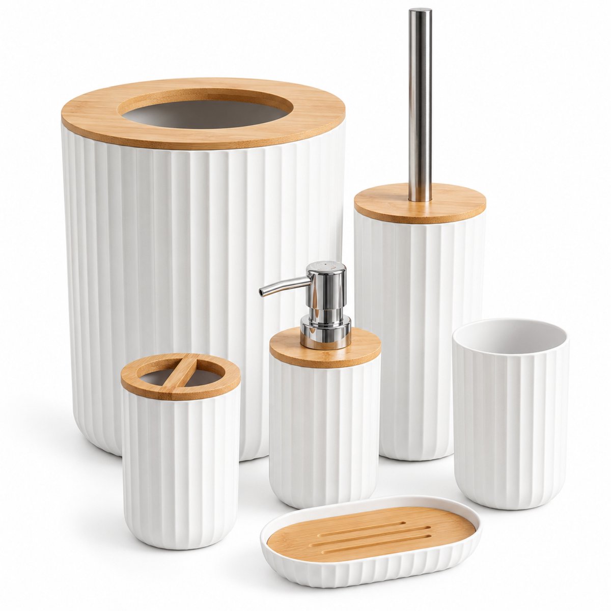 Noventra Badkamerset 6-Delig – Badkameraccessoires Set met Zeepdispenser, Tandenborstelhouder, Toiletborstel, Beker & Zeepbakje – Wit/Bamboe