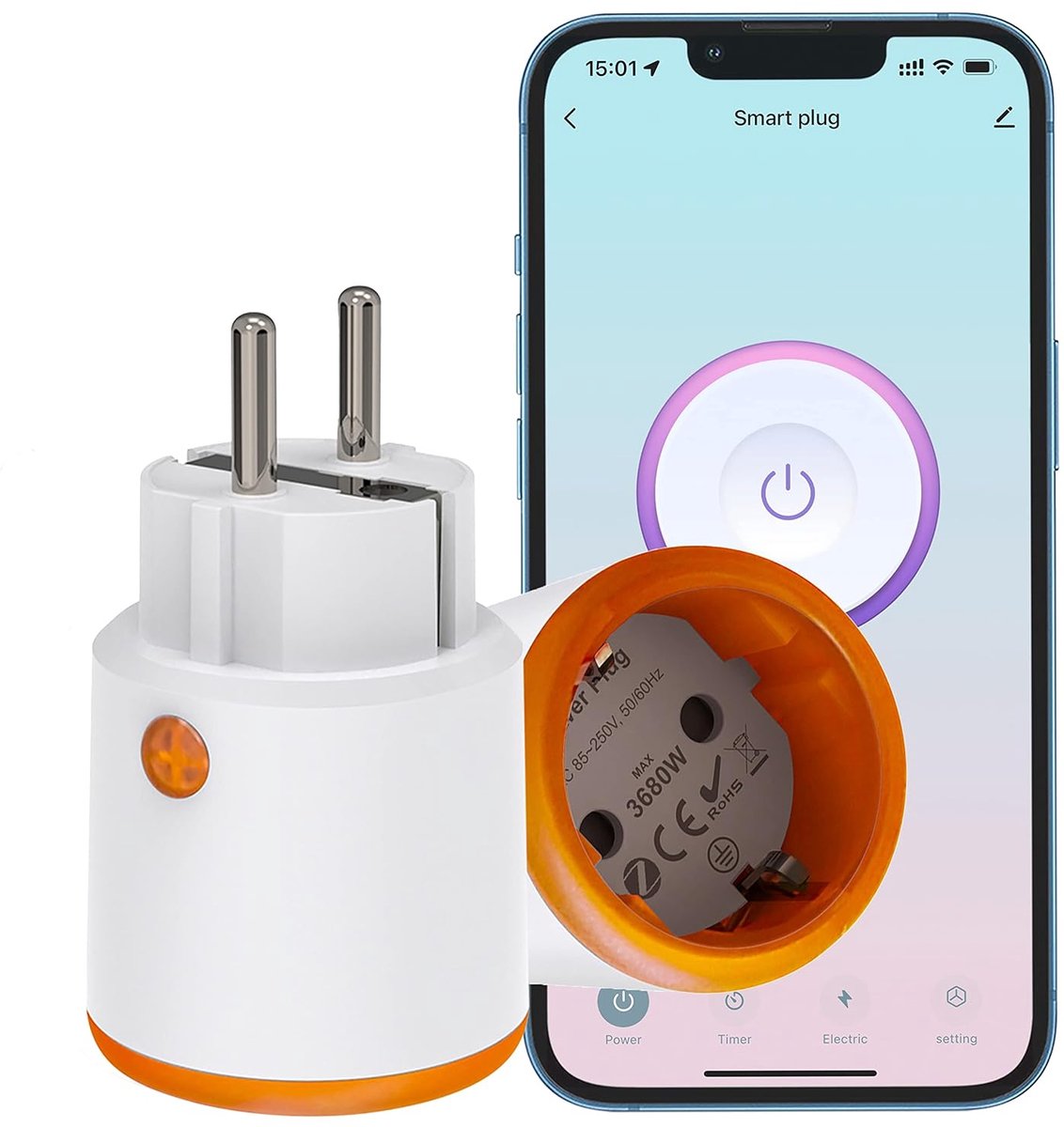 SnelShoppen - ZigBee Smart Socket 16A 3680W, Slimme Stekker met Vermogensmeter, Stemcontrole, Timer, Overspanningsbeveiliging, App Besturing, Compatib