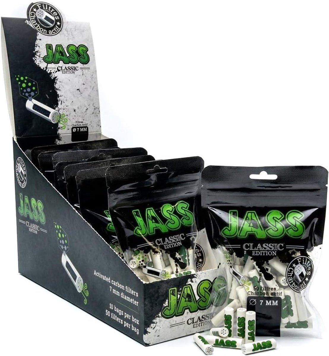 Actieve koolstoffilter JASS CLASSIC 7 mm per 50 diSPLAY VAN 10 – zonder nicotine en tabak - ShopVlot