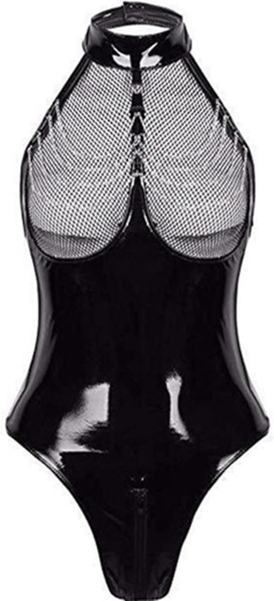 Women's Wetlook Body Leather Bodysuit Chest Harness PU Leather Collar with Chain Erotic String Body Underwear Gogo - ShopVlot