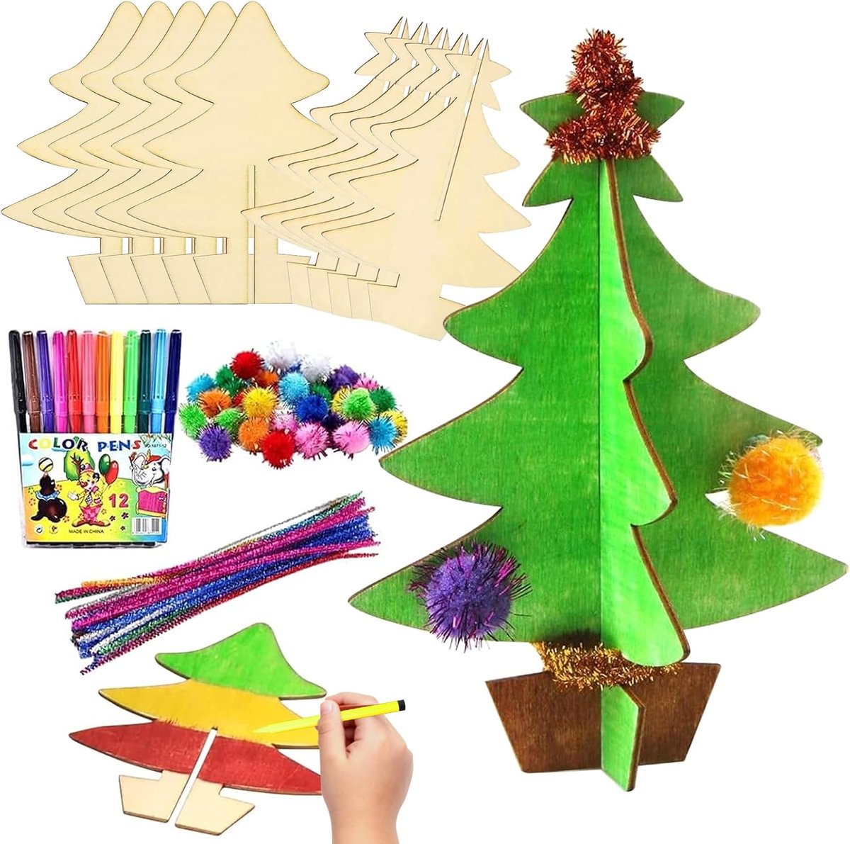 Knutselen, 10 stuks 3D kerstboom hout kerstdecoratie, houten hangers om te beschilderen, houten figuren kerstmis, kerst knutselset, DIY kerstboom hout om te knutselen, boomversiering