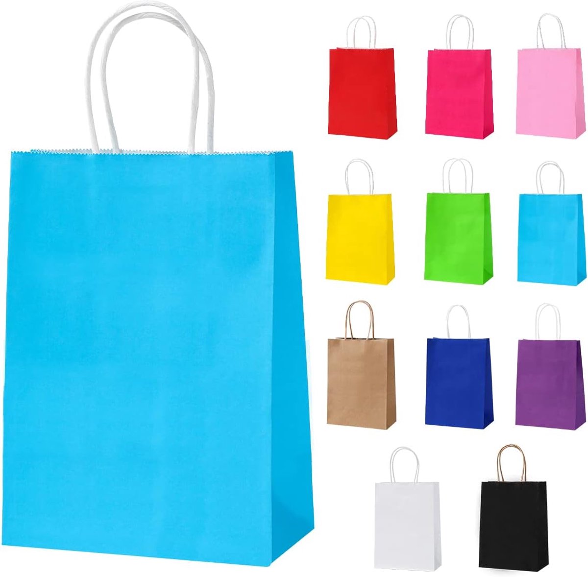 Cadeautasjes met handgrepen, kleurrijke cadeauzakjes van kraftpapier voor verjaardag, bruiloft, babyshower, feestaccessoires en geschenken, 24 stuks, lichtblauw