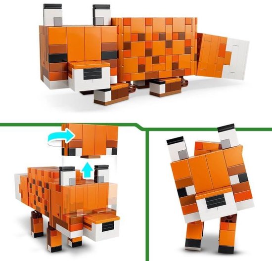 Renard LEGO orange avec des taches brunes, pattes et queue mobiles.