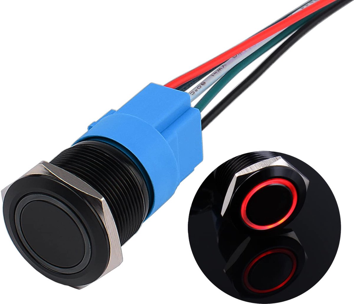 22 mm momentane waterdichte drukschakelaar, 12 V tot 24 V, 5 A, aan/uit-knop, schakelaar met ledverlichting, zwarte metalen behuizing, IP66 1NO1NC voorbedrade momentary drukknop voor auto