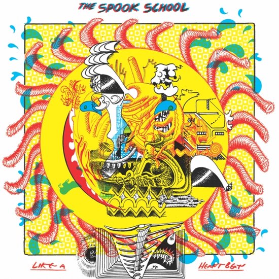 Kleurrijke albumhoes van The Spook School 'Like A Heartbeat' met abstracte, psychedelische illustraties op een gele achtergrond.