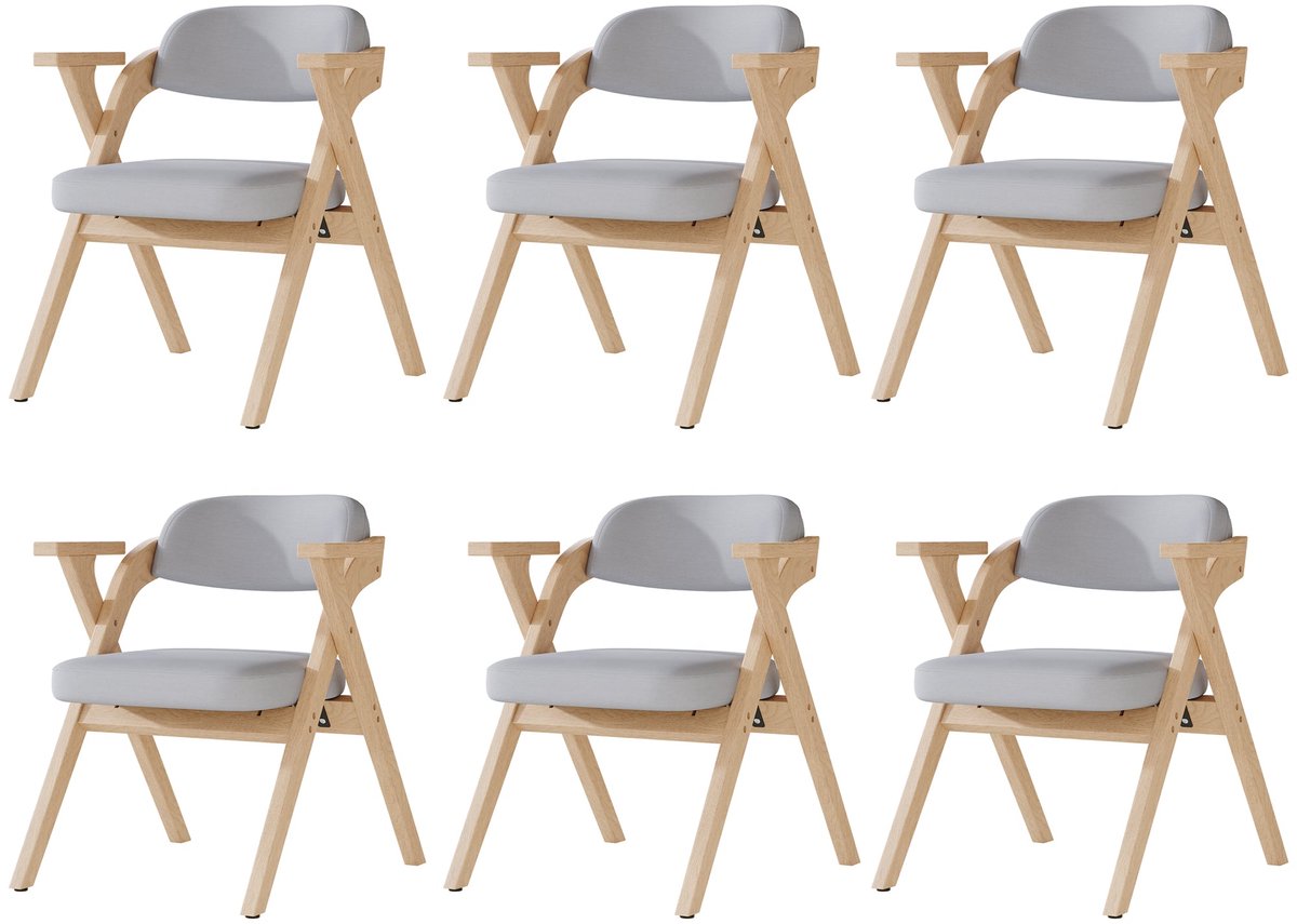 Merax Opvouwbare Eetkamerstoelen Set van 6 – Massief Houten Stoelen met Armleuningen – Inklapbare Stoelen met Linnen Zitting – Ruimtebesparend – Grijs