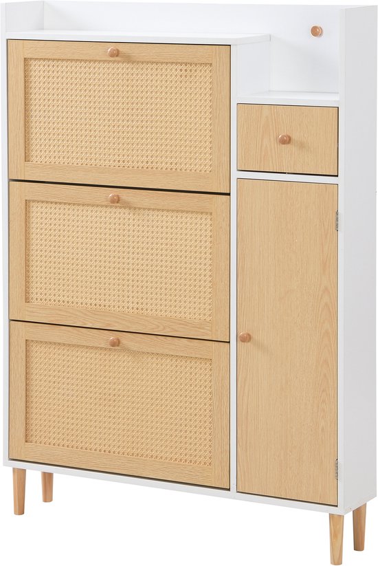 WUVRIE - Schoenenkast 90 x 125 x 17 cm - 3 klepdeuren, lade en verstelbare legplanken - Naturel/wit — afbeelding 2