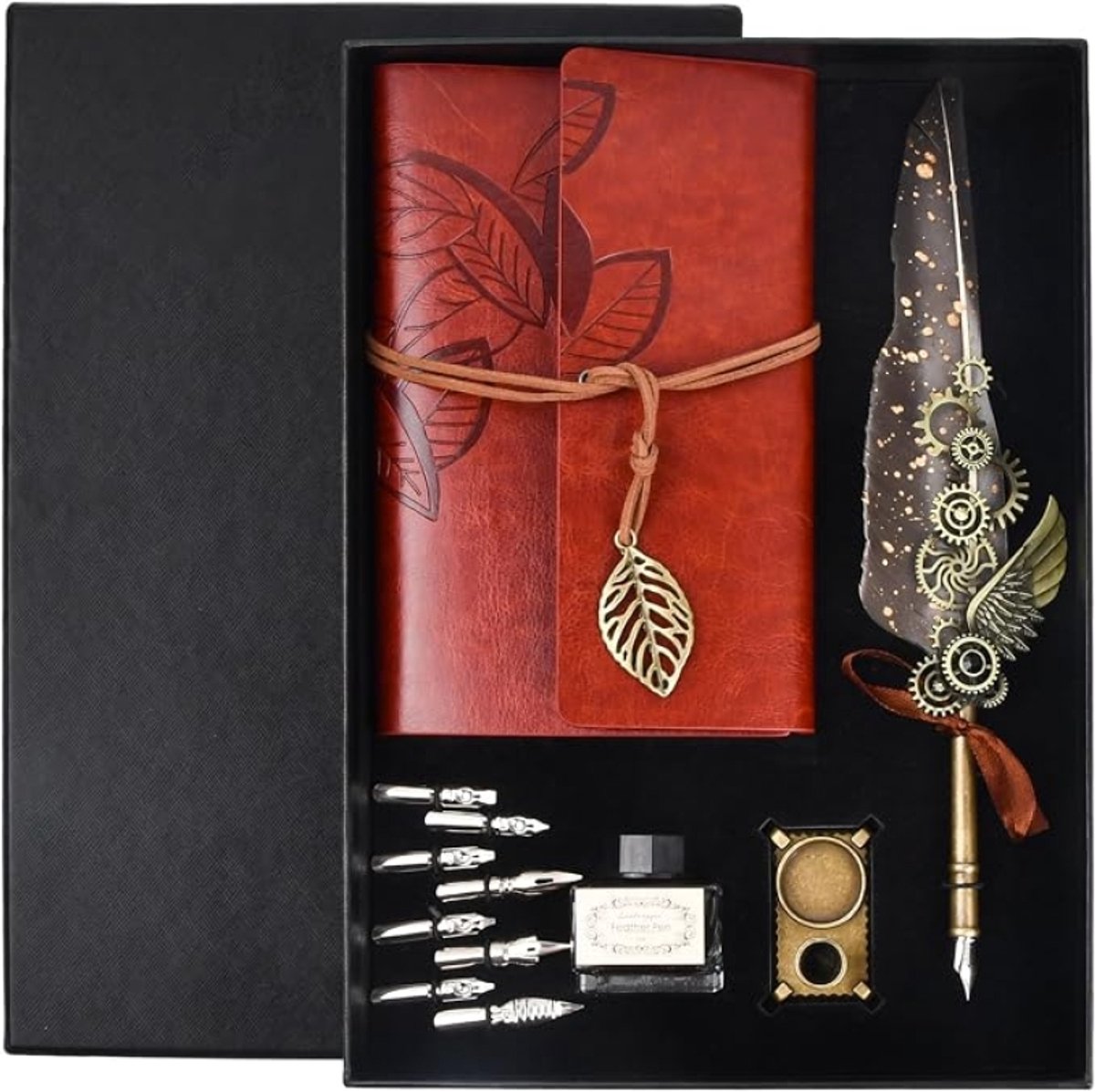 Vintage ganzenveerset met kalligrafiepen, 8 vervangende veren, penbasis, notitieboek en zwarte inkt, antiek schrijfcadeau