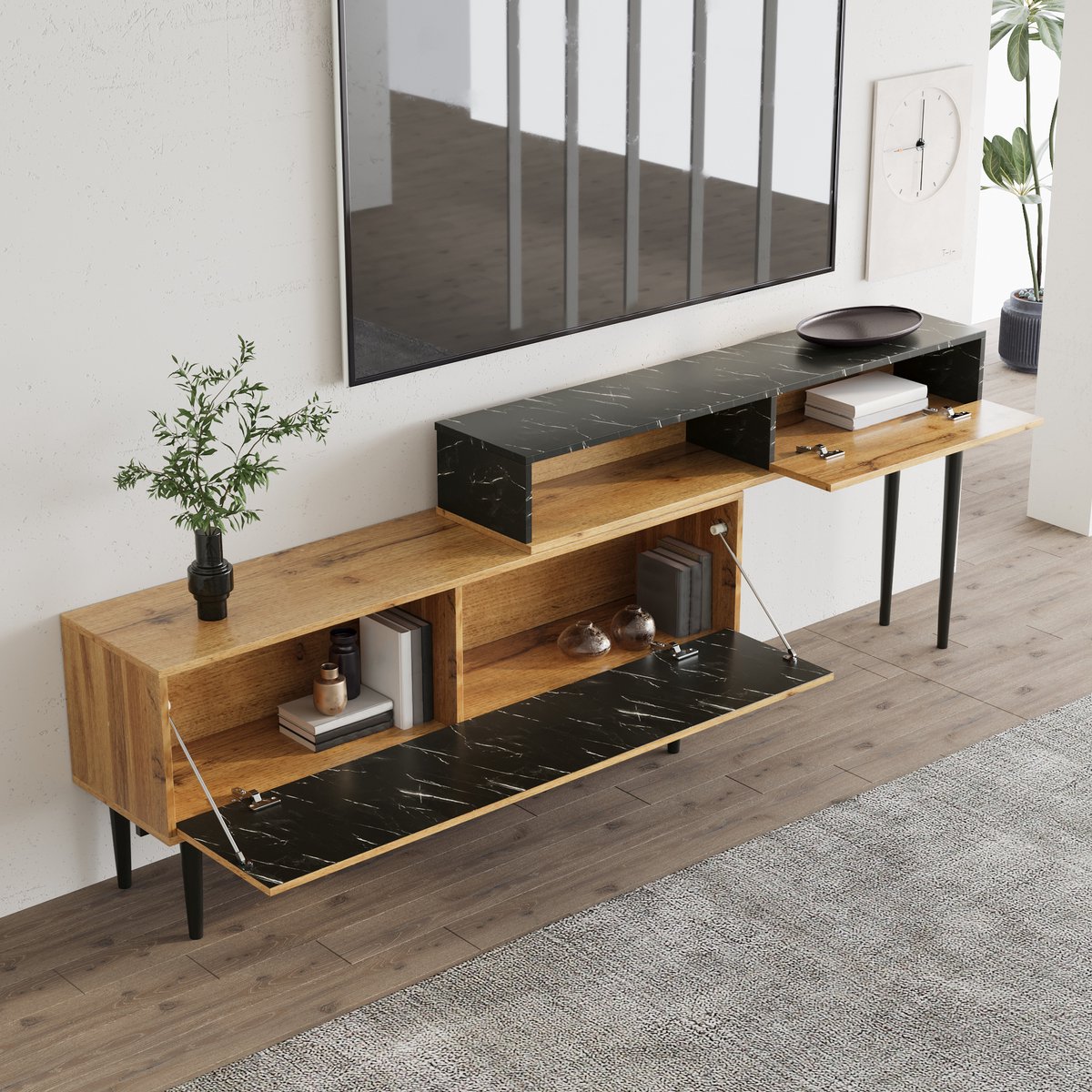 WUVRIE Tv-meubel 129 x 30 x 58 cm - Marmer- en houtlook, open vakken en kleppen - Naturel hout