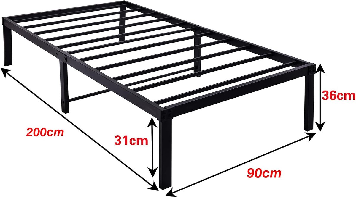 Bedframe 90 x 200 cm, metalen bedframe met metalen lattenbodem, eenvoudige montage, ruime opbergruimte, zwart bedframe