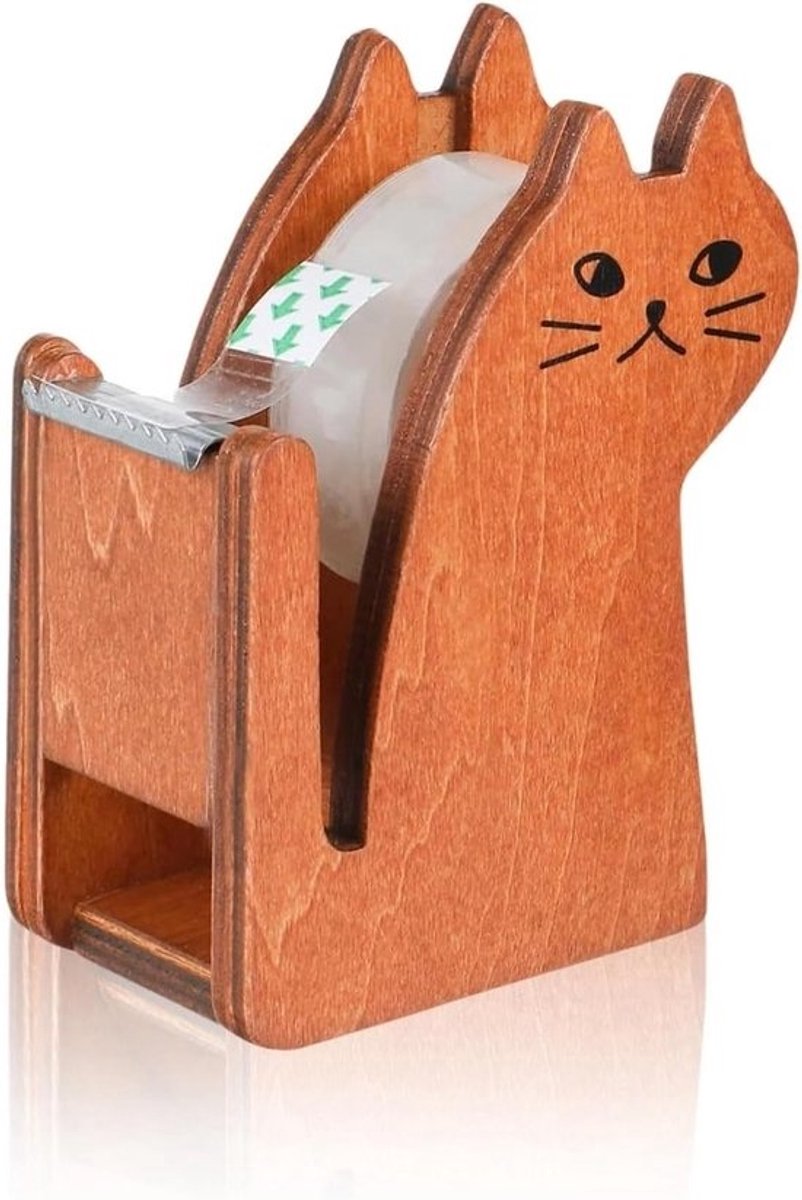 SnelShoppen - Houten tapedispenser - Katvorm - Vintage bruine tapedispenser - Met taperol - Bureauaccessoire - Voor kantoor, school en thuis