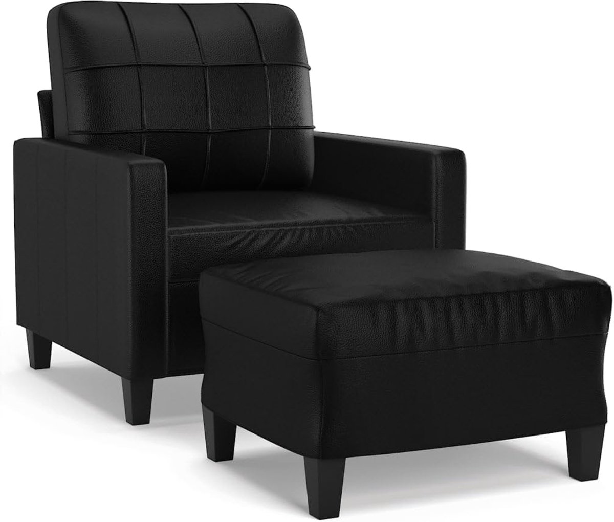 Fauteuil met kruk, zwart, 60 cm, kunstleer, woonkamerbank, kantoorbank, slaapkamerbank, loungebank voor woonkamer, slaapkamer, logeerkamer